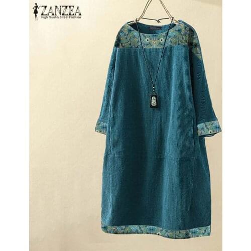 Vintage Autumn Corduroy Dress ZANZEA Women Floral Printed Long Sleeve Sundress Casual Loose Long Tops Blusas Knee-length Vestido