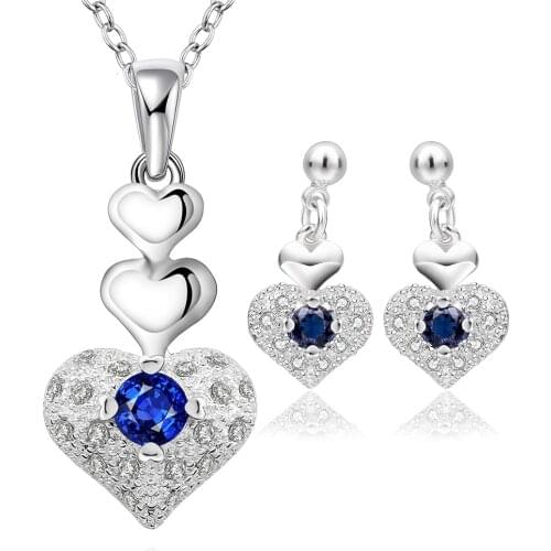 Crystal stone Zircon silver color jewelry fashion cute Pretty Heart Necklace Earring women wedding lady set TOP quality ,S772