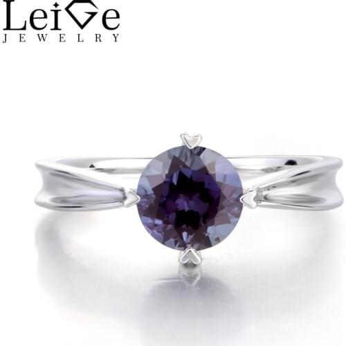 Leige Jewelry Lab Alexandrite Ring Engagement Ring Solitaire Ring Round Cut Fine Gemstone 925 Sterling Silver June Birthstone