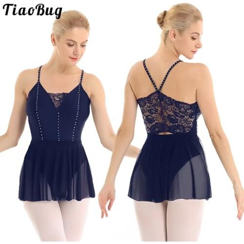TiaoBug Adult Spaghetti Straps Lace Shiny Rhinestone Ballet Gymnastics Leotard Bodysuit Women Figure Skating Dress Dance Costume
