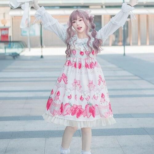 Strawberry Dessert Sweet Womens Lolita JSK Dress Sleeveless Dress Cute Bows Trim Princess Straps Dress One Piece