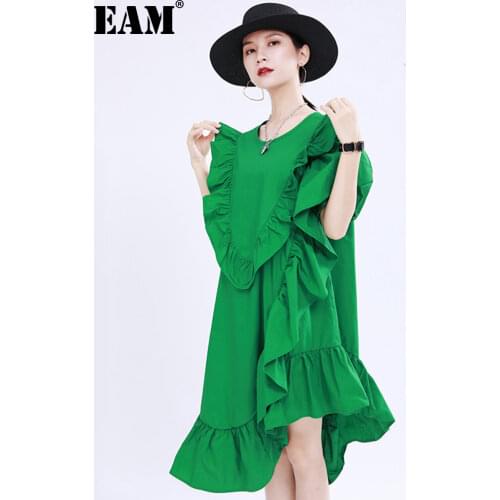 [EAM] Women Vintage Irregular Ruffles Black Dress New Round Neck Short Sleeve Loose Fit Fashion Tide Spring Summer 2021 1DD5202