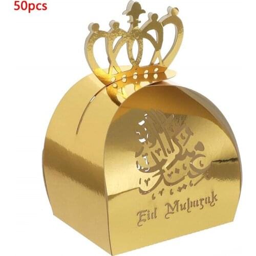 50PCS Eid Mubarak Candy Box with Crown Paper Ramadan Gift Snack Chocolate Bag for Muslim Islamic Party Supplies