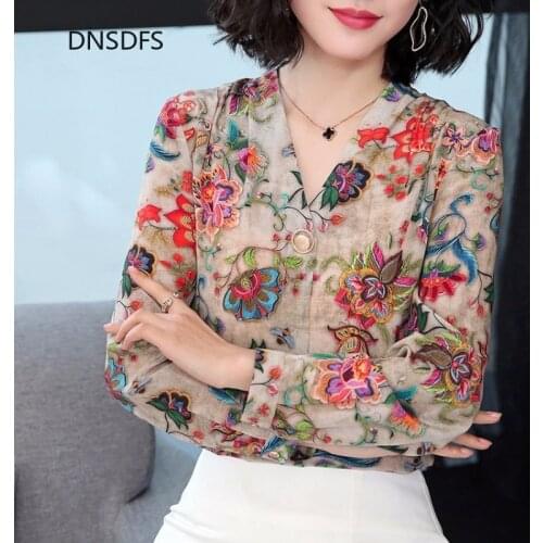 Mulberry Silk Blouses Elegant Office Shirt Women Tops Floral Printed Top V Neck Chiffon Blouse Autumn Spring Korea Shirts Blusas