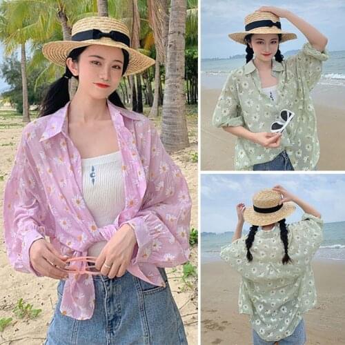 Women Blouses Small Daisy Shirt Long-Sleeved Sunscreen Clothing Blouse One Size Lapel Casual Top