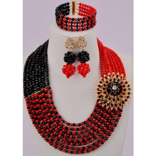 Black and Opaque Red Fashion Jewelry Set African Wedding Beads Crystal Necklaces