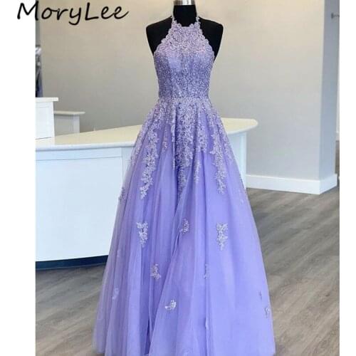 Purple Evening Dresses Halter A-Line Crystal Beaded Lace Applique Soft Tulle Evening Dresses vestidos de fiesta de noche