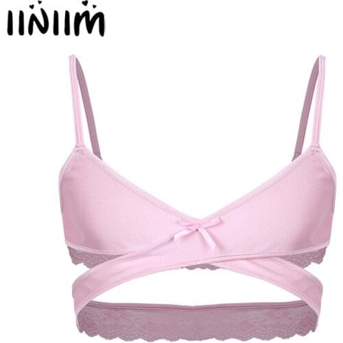 Iiniim Mens Male Sissy Bra Tops Exotic Lingerie Wedding Night Underwear Straps Cross Back No Padded Bra Tops Bralette Crop Top