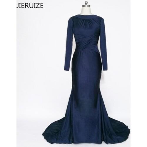 JIERUIZE Dark Navy Blue Spandex Backless Mermaid Evening Dresses Long Low Back Long Sleeves Formal Dresses Evening Gowns