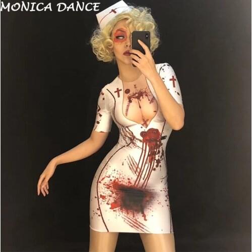 Halloween Costumes for Women Sexy Nurse White Short Dress 3D Printed Bloodstain Personality Costumes Nightclub Party Stage Wear