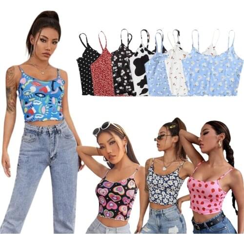 Womens Prints Vest Tank Tops Summer Casual Sleeveless U-neck Floral Printed Ruffled Sling Hem Crop Tops for Female Camis 2021