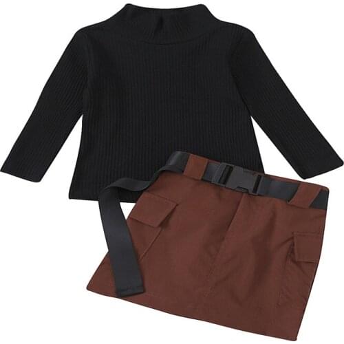 OPPERIAYA Fashionable Kids Skirts Suit Long Sleeve High Collar Knitted Sweater Solid Color Short Skirts with Pockets Belt
