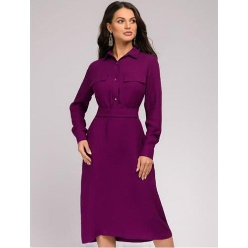 Women Elegant Sashes Front Button Midi Dress Turn Down Collar Long Sleeve Solid Color Basic Fashion Women Dress Autumn New Dress