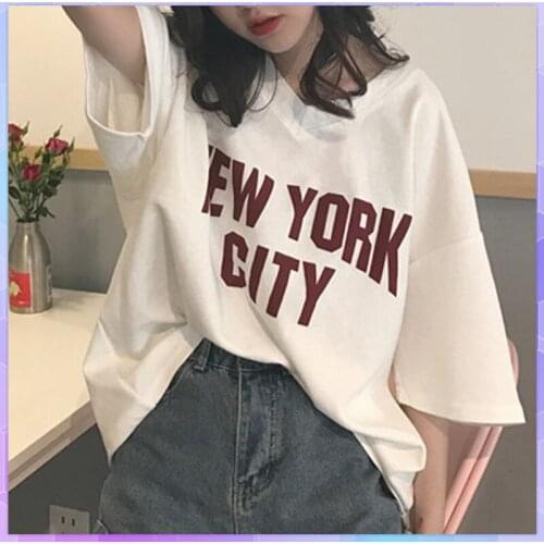 Casual T-shirt Womens Tee Shirt Summer Letter Loose White Top Short-sleeved T-shirts Woman Clothes Tops Solid Tshirt Femme