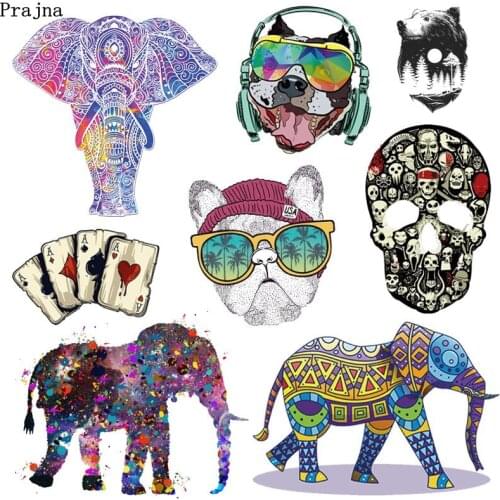 Prajna Skull Patches Punk Heat Transfer Vinyl Iron On Transfers For Clothes Elephant Tiger Patch Applique Ironing Stickers DIY