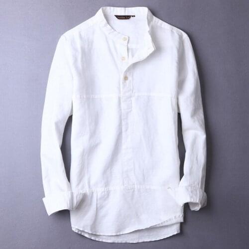 Spring and Fall fashion casual linen men shirt stand collar solid stitching long-sleeved cotton shirt men brand clothing camisa