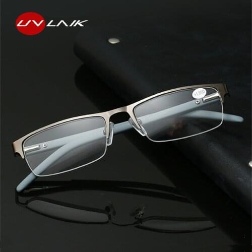 UVLAIK Metal Half Frame Reading Glasses Men Women Business Square Hyperopia Eyeglasses Prescription +2.5 +3.0 Far Sight Eyewear