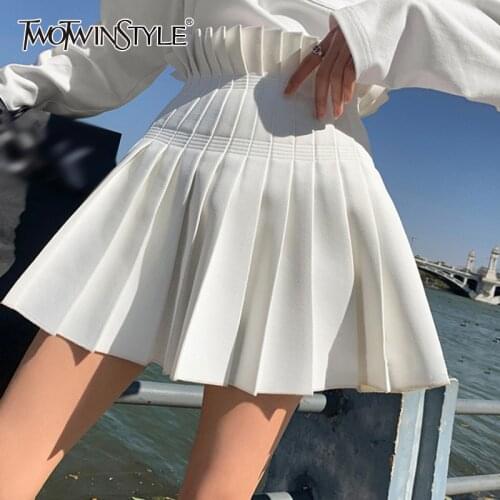 TWOTWINSTYLE White Preppy Style Pleated Skirt For Women High Waist Patchwork Zipper A Line Mini Skirts Female New Summer Fashion