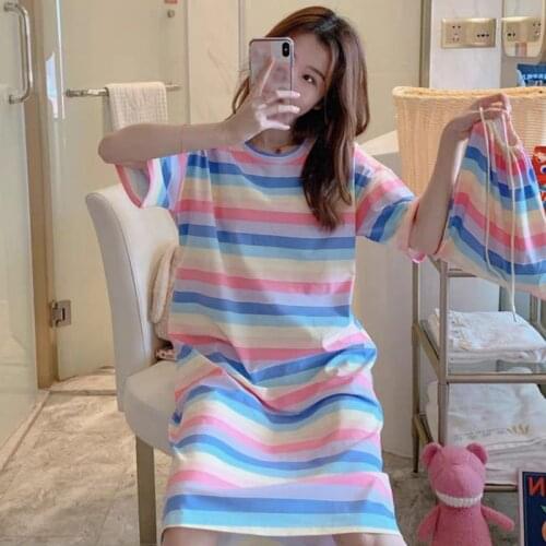Summer Women Sweet Striped Loose Nightgown Plus Size Ladies Rainbow Color Short Sleeve Sleepshirt with Storage Bag