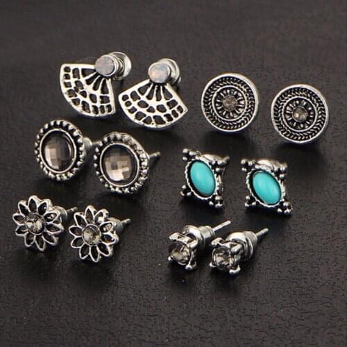 6pairs/ set Vintage Crystal Heart Earrings For Women Stone Beads Ear Cuff Piercing Ears Clips Steampunk Love Party Earring Sets