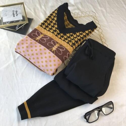 Vintage Long Sleeve Knitted Two Piece Set Women Fashion Printing Patchwork Sweater Pullover+Ankle-Length Pants Lady Casual Suit