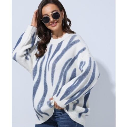 Striped Printed Knitted Sweater Women O-neck Loose Leisure Long Pullovers Autumn Winter Chic Warm Casual Commute Knitted Jumpers