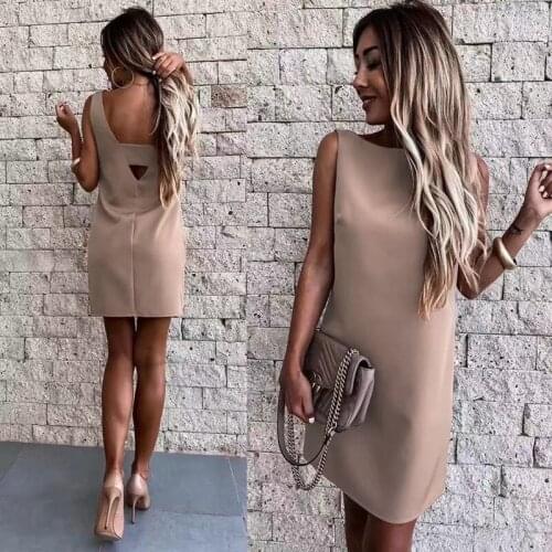 Boho Casual Women Dress Sleeveless O-neck Loose Sexy Mini Dresses 2021 Summer Backless Elegant Black Work Office Dress Overalls