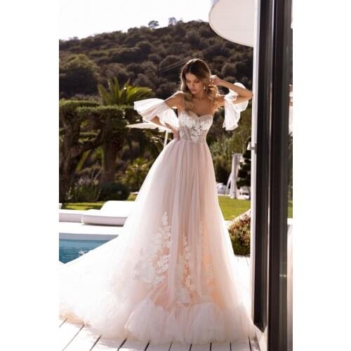 2021 Sweetheart A Line Wedding Dress Glitter Tulle Appliques Bridal Gowns With Detachable Sleeves robe de soirée de mariage