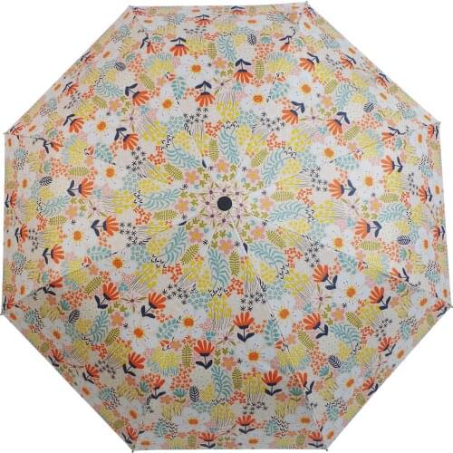 Rain and sun uv coated comfortable handle three fold umbrella compact sunshade for laddies