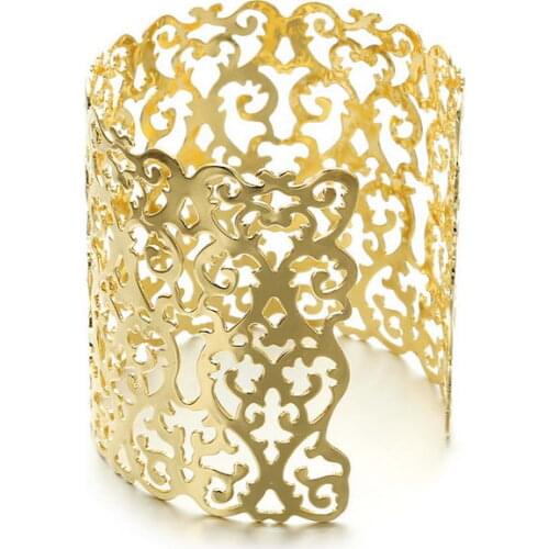 ZWPON Gold Silver Color Arabesque Cuff Bangles for Women Cutout Floral Wide Filigree Bracelets Bangles Jewelry Wholesale