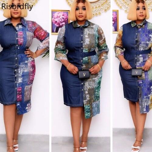2021 Summer Fashion Style African Women Short Sleeve Jeans Lace Plus Size Dress African Dresses for Women African Clothing