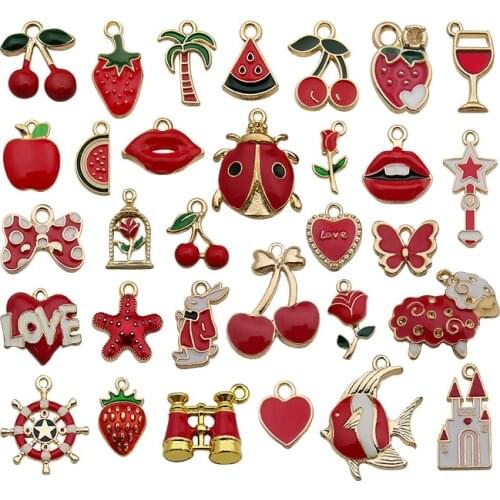 Free Shipping 62pcs Christmas Red Color Enamel Alloy Charms Assorted Flower Fruit Lip Bow Fish Anchor Earring Oil Drop Pendants