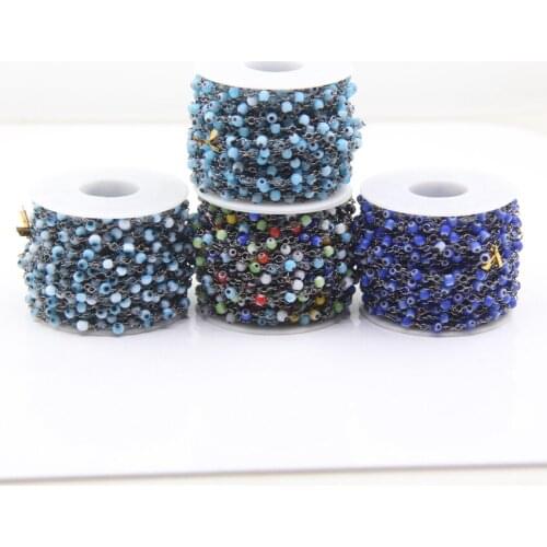5Meter/Lot Gunmetal Brass Wire Wrapped Coloured Glaze Round Bead Rosary Chain,4mm 6mm Evil Eye Enamel Lampwork Glass Necklaces