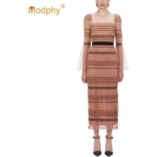 Elegant Dot Lace Dress Sexy Women Square Neck Long Sleeve Bodycon Midi Long Dress Evening Party Dress 2020 Fashion New Female