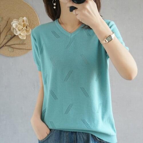 T-shirt women 2021 new summer pure cotton knitted sweater short-sleeved womens casual plus size blouse V-neck pullover tees