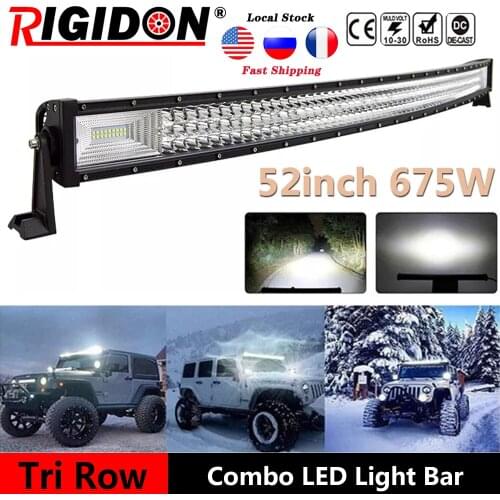 RIGIDON Curved 7D Tri-Row 52inch/675W Led Light Bar Flood Spot Combo Beam for Truck 4WD SUV ATV Offroad Car Driving Lamp