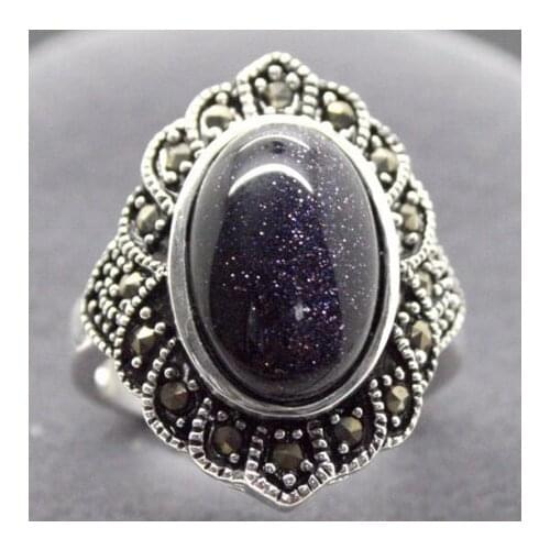 17*22mm MIRROR SHAPE BLUE SAND STONE 925 MARCASITE RING SIZE 6/7/8/9