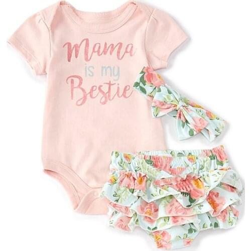 2021 Infant Baby Girl Clothes Cute Pink 0-24M Baby 2pcs Letter Short Sleeve Romper Tops+Ruffle Floral Print Shorts Set Cotton