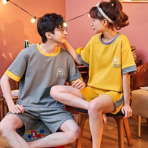 Couple Summer Pajamas Set Cotton Casual Short Sleeve Mens T Shirt Simplicity Fashion Yellow Patchwork Women Plus Size Homwear