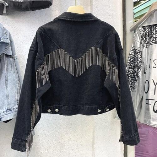 Denim Short Jacket Womens Fad Spring Fall New Chains Fringe Loose High-Waist Jeans Top Female Black Jean Coats Students Coat