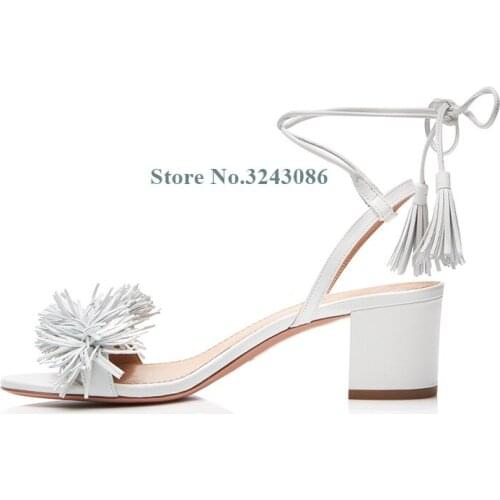 New Faux Suede Tassel Single Strap Chunky Heel Sandals White Brown Lace Up Ankle Strap Sandals Sweet Fashion Summer Women Shoes