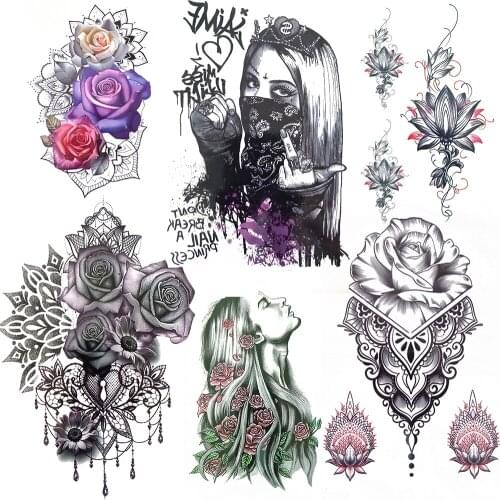 Gangster Fake Temporary Tattoos For Women Large Rose Flower Tattoos Beauty Lotus Masked Drawing Pendants Waterproof Tatoos Thigh