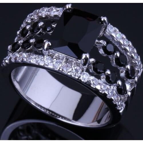 Prominent Rectangle Black Cubic Zirconia White CZ Silver Plated Ring V0457