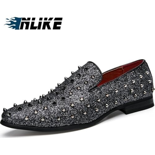 Inlike Rivets Vintage Patent Leather Shoes Men Oxfords For Men Dress Shoes