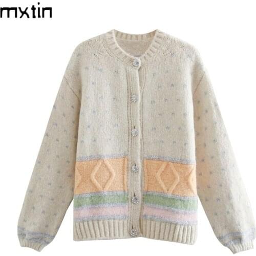 2021 Women Winter Vintage Stripe Cropped Cardigan Knitted Sweater Fashion O Neck Long Sleeve Female Casual Tops Jersey Mujer