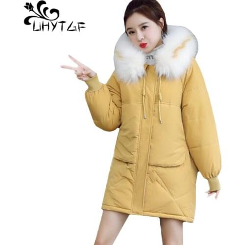UHYTGF plus size Cotton jacket Fur collar hooded winter down jacket windproof warm outerwear thicken student Winter jackets 784