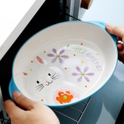 2021 New Cartoon Cute Binaural Oval Ceramic Oven Home Cheese Baked Rice Deep Soup Plate