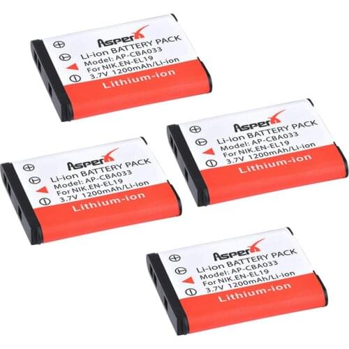 AsperX 4PCS 3.7V 1200mAh EN-EL19 EN EL19 EL19 Battery for Nikon Coolpix W150 S32 S100 S2800 S3200 S3300 S3500 S3600 S4100 S4200