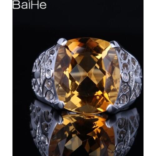 BAIHE Solid 14K White Gold(AU585) 8.5CT Certified Yellow Flawless Cushion Citrine Wedding Women Cute/Romantic Citrine Ring