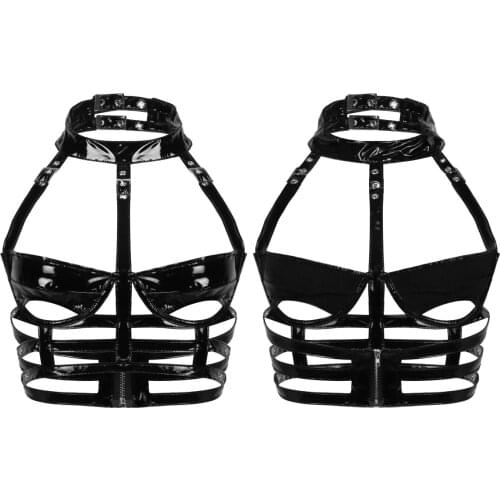 Black Leather Bra Woman Crop Top Disco Pole Dance Rave Clothes Clubwear Bikini Brazilian Sexy Hollow Out Tank Top Latex Lingerie